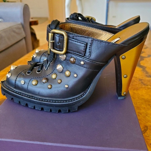 NWT MIU MIU by PRADA Studded Black Leather Mules - Picture 2 of 11